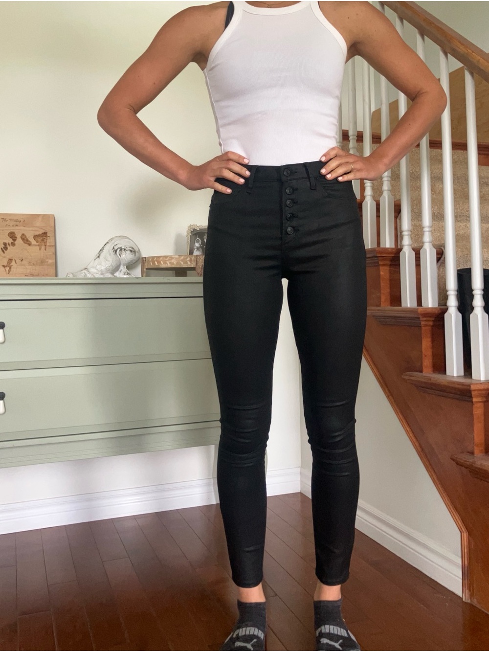 Abercrombie & Fitch High-Rise Black “leather” Button-Front Ankle Pants